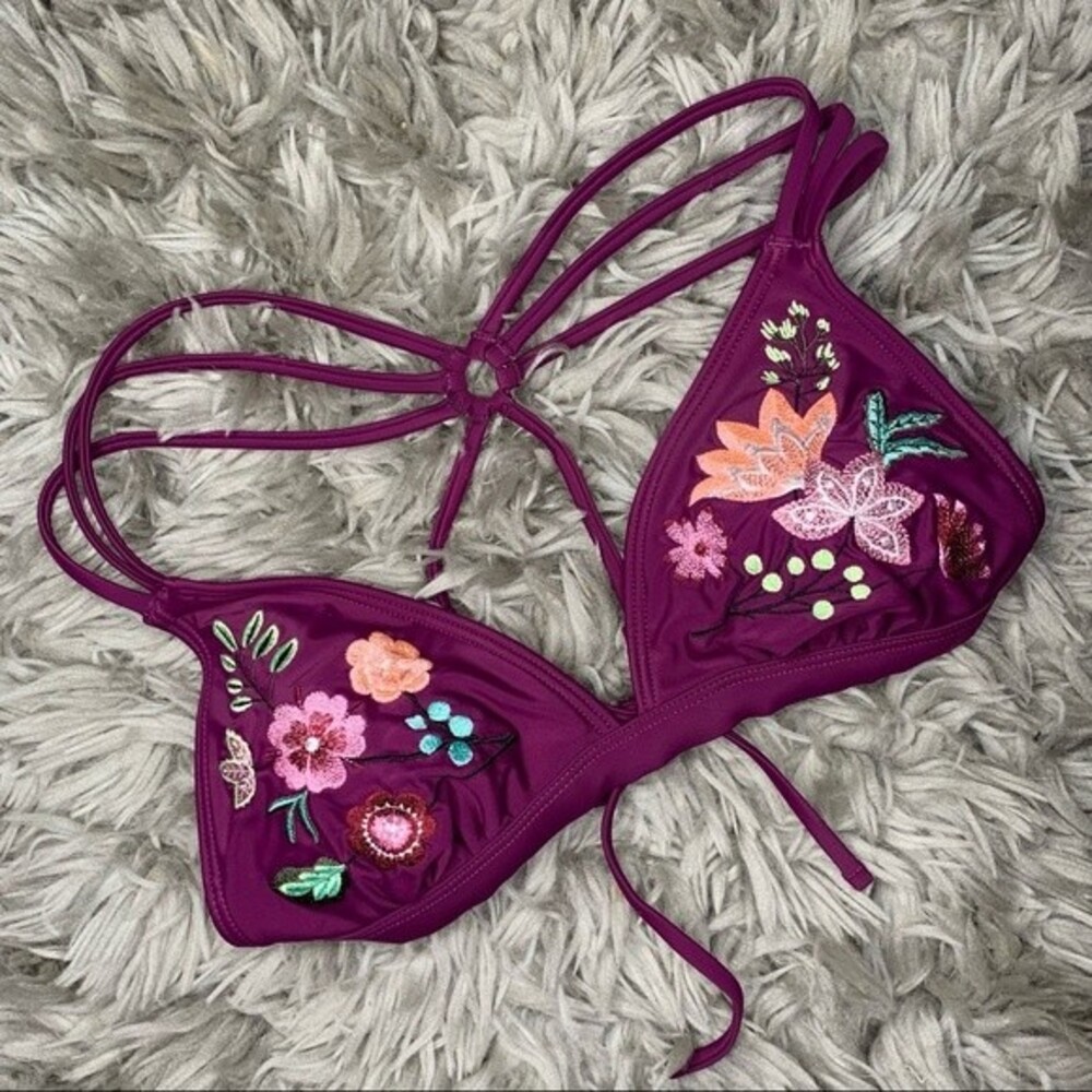 Time & Tru purple floral embroidered bikini top women's size medium